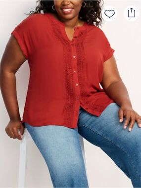 Fortune + Ivy Belinda Plus-Size Crochet-Trim Button Front Blouse in Rust